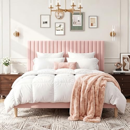 GAOMON Full Bed Frame with Adjustable Headboard, Velvet Upholstered Platform Full Size Bed Frame, Vertical Channel Tufted, Strong Wooden Slats, No Box Spring Needed, Easy Assembly, Pink