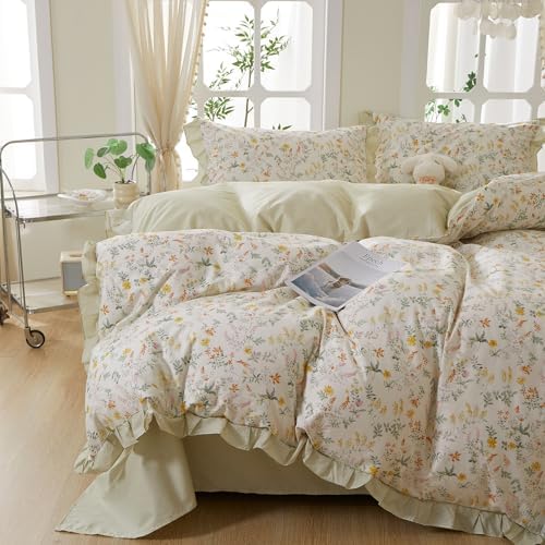 Vintage Floral Duvet Cover Set Twin XL - 3 Piece Ruffle Lace Bedding Set, 100% Cotton Aesthetic Coquette Duvet Cover, Botanical Flower Cottagecore Comforter Cover Green Striped Bedding Set Twin XL