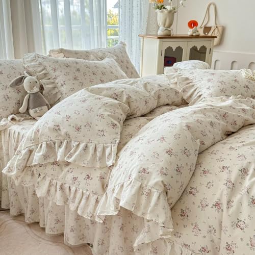 Cotton Floral Duvet Cover King Size 3 Pcs,Ruffled Bedding 104"×90"