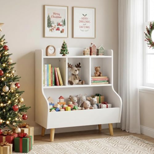 Kids Bookshelf with Toy Storage, 4 Cubby Bookcase for Toddlers, Montessori Wooden Bookshelf Organizer with Open Shelves, Front Facing Book Display Shelf, Kids Toy Storage Shelf for Nursery, Bedroom