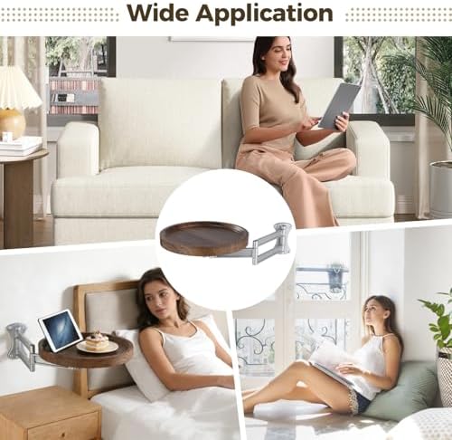 Wall Mounted Bedside Shelf, 11 in Round Floating Table for Wall, Foldable Side Tray with Swing Arm Bracket, Space Saving Nightstand Desk for Bedroom, Sofa, Small Study Corner