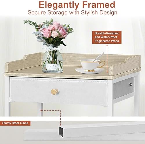 4-Tier Small Side Table with Wheels & Drawer, White & Natural