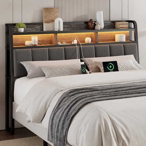 ONBRILL Ergonomic Headboard Queen Size with 2-Tier Storage, Black & Grey
