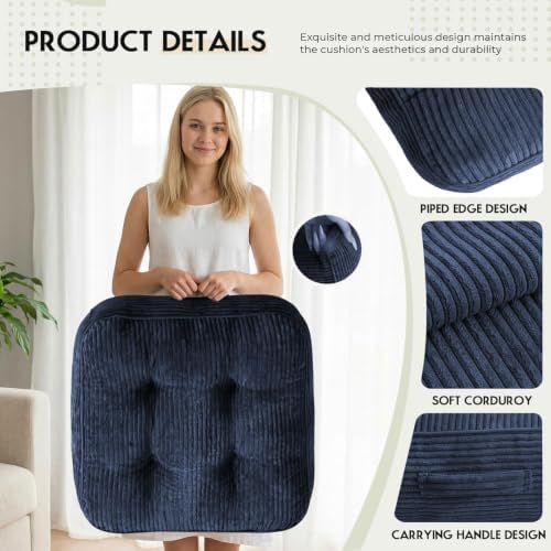 11In Washable Floor Pillow for Adults, Yoga & Meditation Cushion with Handle, Square Large Pillows Seating with Removable Tufted Corduroy Cover for Tatami Living Room Board Games (Blue)