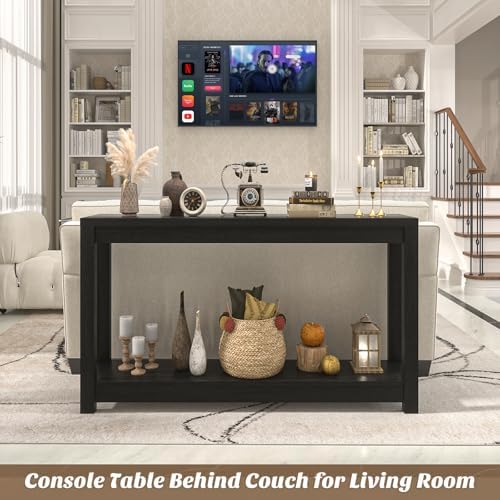 Besiost 47" Farmhouse Wood Entryway Table Narrow Console Table with Storage Behind Couch Sofa Table with Shelves for Entry Way with Open Storage, Easy Assembly, Embossed Wood Grain Black