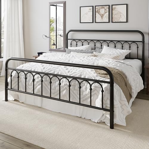Allewie King Size Metal Platform Bed Frame with Headboard, Black