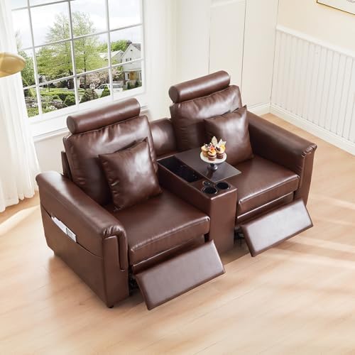 LEVNARY Modular Lift-Top Console with USB Charging and Cup Holders, Center Storage Module for Modular Reclining Sofa (Brown)