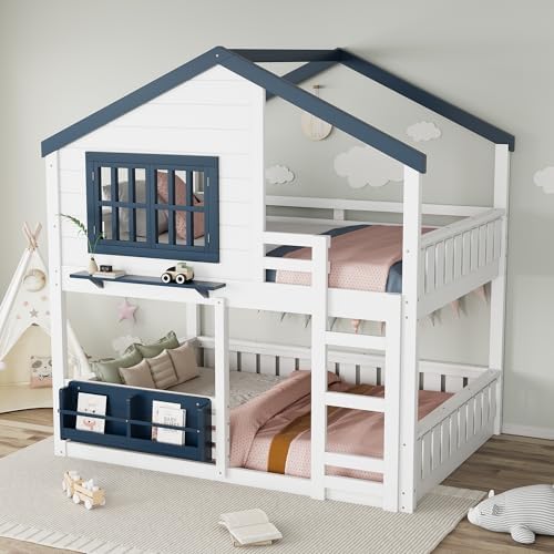 Full Over Full Size House Bunk Bed with Storage Bookshelf, White