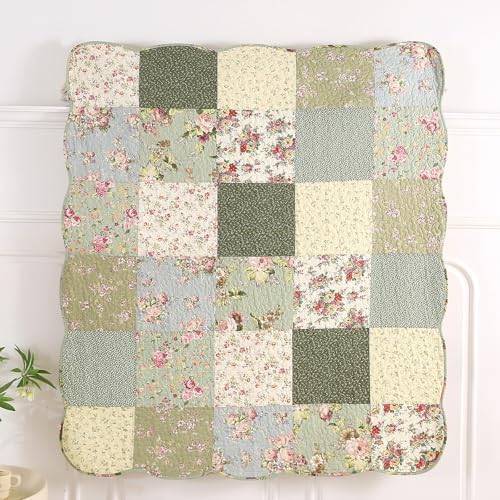 vctops 100% Cotton Quilted Throw Blanket 50x60 Inch Floral Patchwork Reversible All Season Throw (Green B,50"x60")