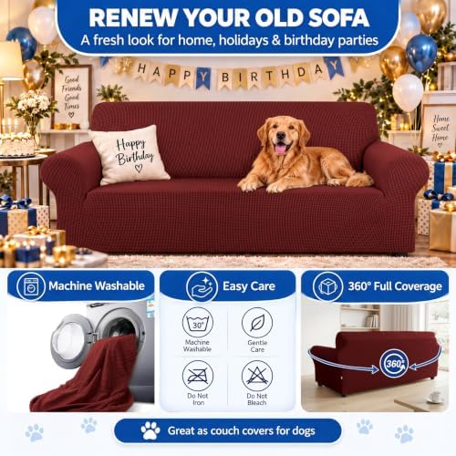 KEKUOU Stretch Couch Covers for Sofa, 3 Cushion Couch Slipcover,Dark Red