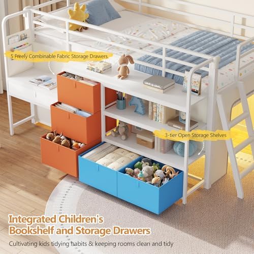 Low Twin Loft Bed with Desk,6 Storage Drawers,Led Lights & Kids Secret Base