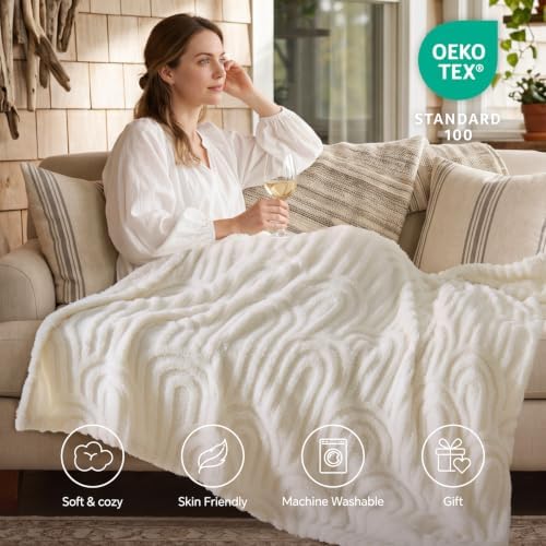 BEDELITE Cream White Boho Fleece Throw Blanket for Couch, 50x60 Inches