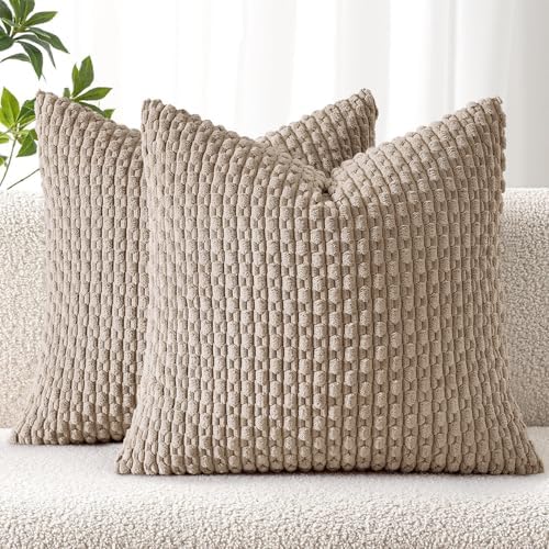 MIULEE Decorative Throw Pillow Covers 16x16 Light Brown Textured Corduroy