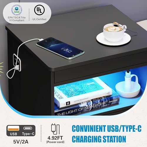 FREDEES LED Nightstand with Gun Drawer & Charging Station