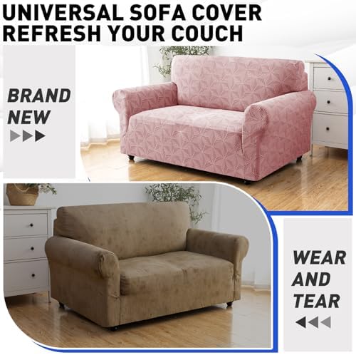 YEMYHOM 1 Piece Stretch Couch Covers for 2 Cushion Couch, Jacquard Loveseat Cover with Non-Slip Elastic Bottom, Thickened Slipcover Furniture Protector for Dogs Pets (Medium, Pink）