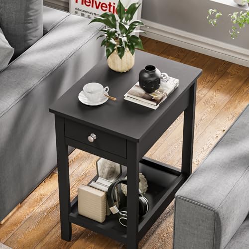 SEJOV Narrow Side Table, Small Black End Table with Drawer & Storage Shelve