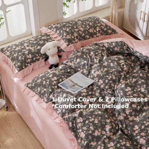 Floral Full Size Cotton Duvet Cover Set with 2 Pillowcases,80"×90"