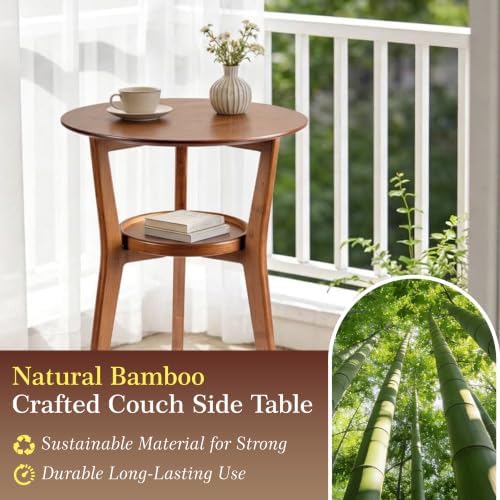 Bamboo Round Side Table, 2-Tier Mid Century Modern Sofa End Table