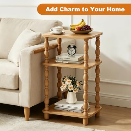 Small Side Table, 3-Tier End Table, Natural Wood