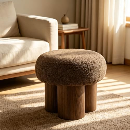 Teddy Ottoman Footrest Stool, Round Upholstered Vanity Stool for Bedroom