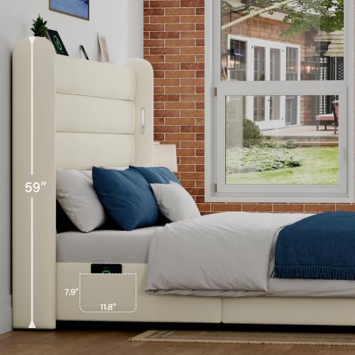 Queen Size Bed Frame with 59'' Tall Headboard with Readlight, White