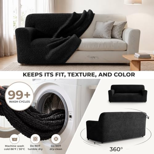 PAULATO Premium Stretch Couch Covers for Sofa - Sofa Chair Cover Washable, Dogs & Pets Friendly - Elastic Polyester Loveseat Slipcovers - Non-Slip Love Seat Couch Covers - Black (64"-85" Wide)