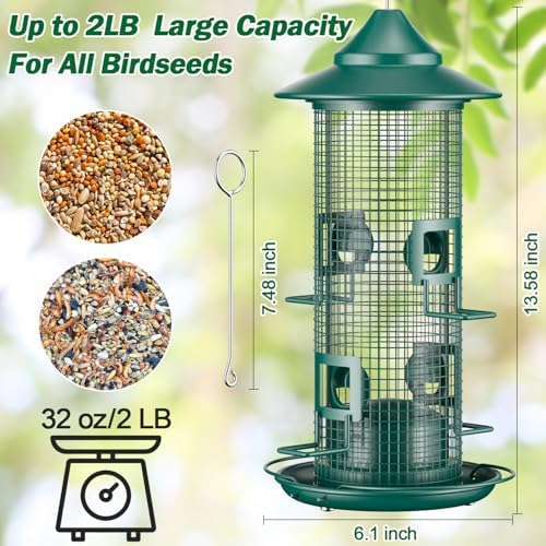 Metal Bird Feeder for Outdoors Hanging, 2LB Chew Resistant, Green
