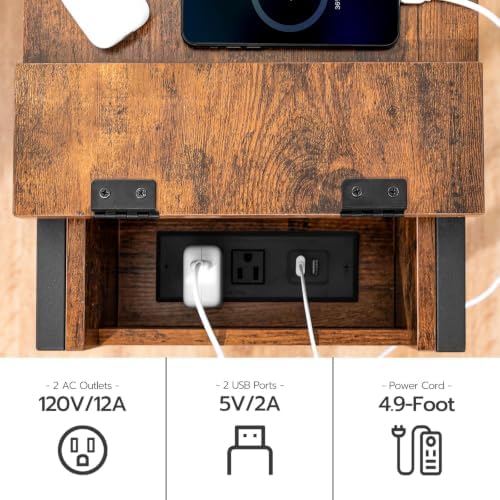 HOOBRO End Table with Charging Station, Narrow Side Table, Small Nightstand, Bedside Tables with Drawer and Storage Shelves, for Small Spaces, Living Room, Bedroom, Rustic Brown and Black BF041BZ01G1