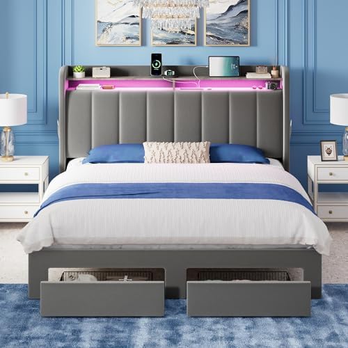 Allewie Queen Bed Frame with 2-Tier Storage Headboard & 2 Large Drawers
