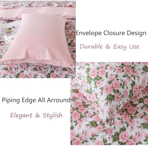 FADFAY Duvet Cover Set Queen Pink Rose Floral Bedding Vintage Peony Flower Quilt Cover Set Shabby Farmhouse Bedding 100% Cotton Ultra Soft Comforter Cover with Hidden Zipper Closure 3Pcs, Queen Size