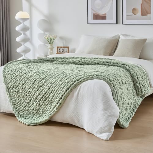 Bigacogo Chunky Knit Throw Blanket for Couch, 40x80 inches, Sage Green