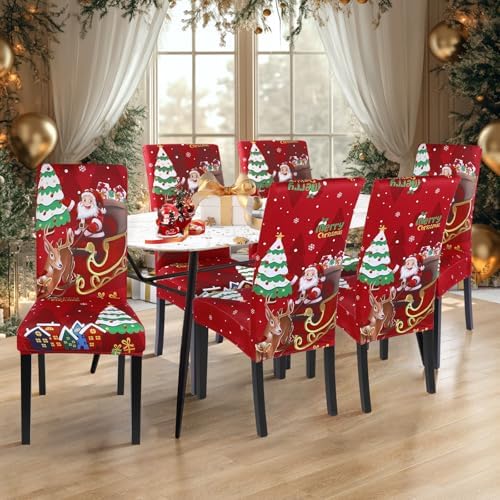 SearchI Christmas Chair Covers Set of 2, Stretch Xmas Kitchen Chair Cover Removable Washable Holiday Parsons Chair Slipcovers for Dining Room, Christmas Decoration, Ceremony(Santa Claus+Elk)