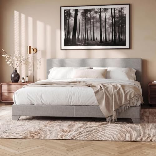 Allewie King Size Upholstered Bed Frame Adjustable Headboard, Light Grey