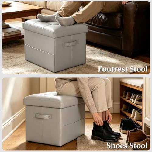 Ottoman with Storage. Small Folding Ottoman - Thick Foam Padded Seat, Grey