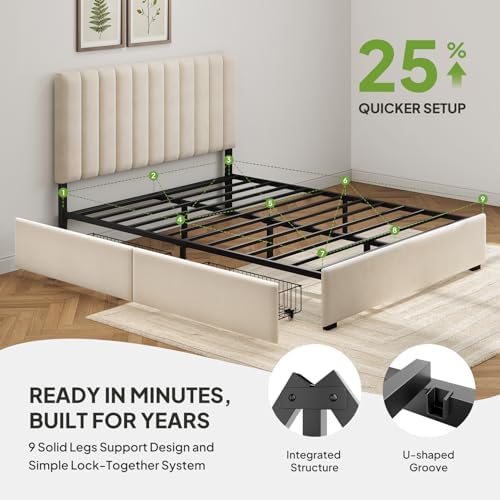 Welzona Full Size Upholstered Bed Frame with Headboard & 2 Drawers, White