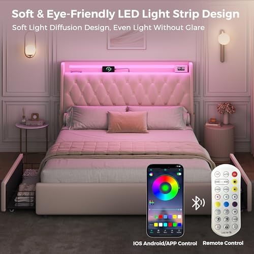 Queen LED Velvet Bed Frame with 2 Storage Drawers&Hidden Headboard, Upholstered Platform Bed with Charging Station&Button Tufted Design, Wooden Slats Support, Box Spring Optional, Easy Assembly, Beige