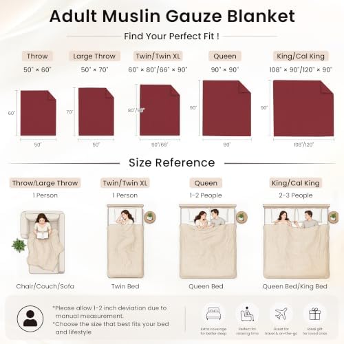 Love's cabin 100% Cotton Muslin Blanket Large Throw for Couch, Wine Red