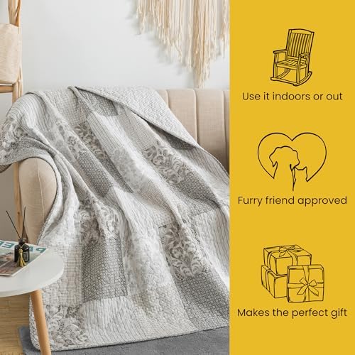 SLPR - Cotton Quilted Throw Blanket, 50"x60" Gray Patchwork, Silver Linings