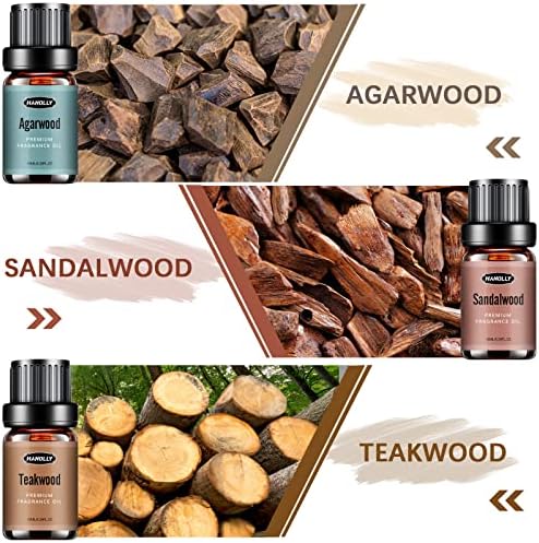 Woody Essential Oils Set, Woody Scents Fragrance Oil Aromatherapy Essential Oils Kit for Diffuser (6x10ML) - Sandalwood, Cedarwood, Teakwood, Agarwood, Cypress, Forest Pine Aromatherapy Oils