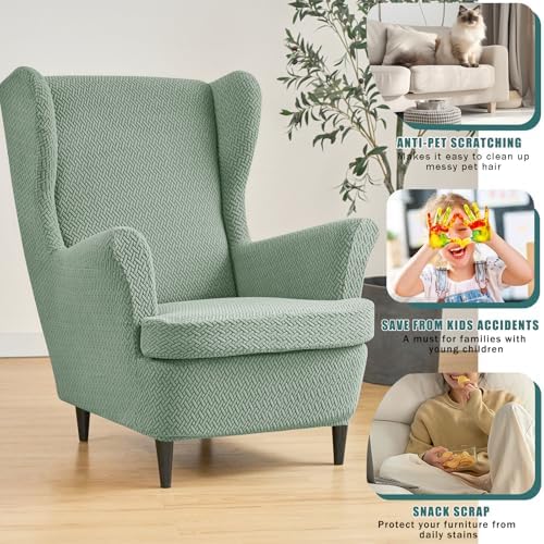 NILUOH Wingback Chair Slipcover 2-Piece Stretch Wingback Chair Sofa Slipcover Armchair Cover Jacquard Furniture Protector Couch Soft with Elastic Bottom for Living Room