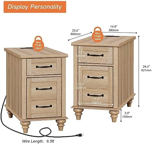 WAMPAT Set of 2 End Tables with Charging Station, Farmhouse Side Table, Oak
