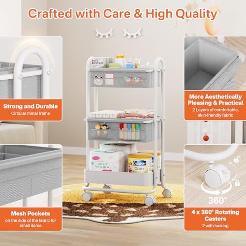 Baby Diaper Caddy Organizer Cart - 3 Tier Rolling Cart, Light Gray
