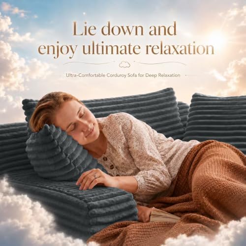 66" Chaise Lounge Chair Indoor, Corduroy Upholstered Reading Chair Oversized Boneless Chair with Deep Seat, Cloud Lounge Chair with 3 Pillows for Living Room, Bedroom, No Assembly Required
