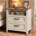 VASAGLE Farmhouse Nightstand with Charging Station, 2 Drawers, Open Shelf