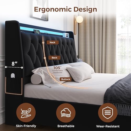 Full LED Velvet Bed Frame with 2 Storage Drawers&Hidden Headboard, Upholstered Platform Bed with Charging Station&Button Tufted Design, Wooden Slats Support, Box Spring Optional, Easy Assembly, Black