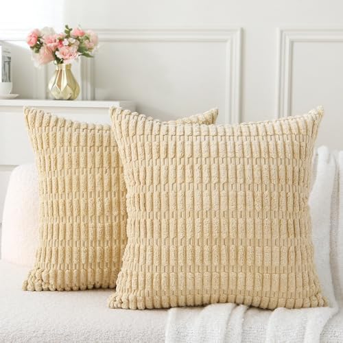 2 Pack Corduroy Decorative Throw Pillow with Inserts, 18x18 Inch Soft Boho Throw Pillow, Square Striped Throw Pillows for Couch, Bed, Sofa Decor (Creamy Beige)
