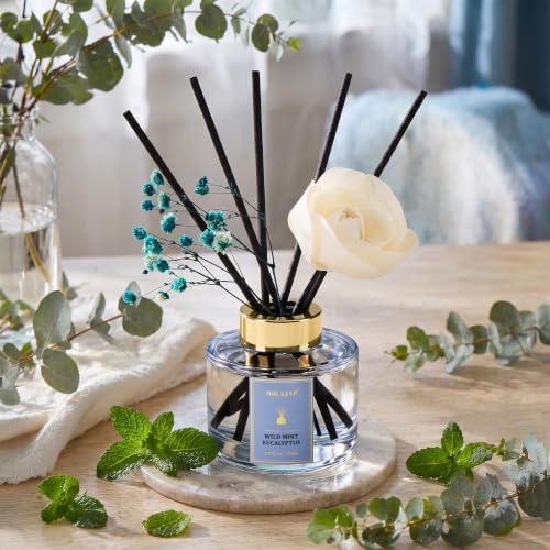 Airkeep Flower Reed Diffusers Set, 5.07 oz Wild Mint&Eucalyptus Scented Oil Diffuser with 8 Reed Sticks, Home Fragrance Diffuser Gift Set for Bathroom & Office Decor 150ml