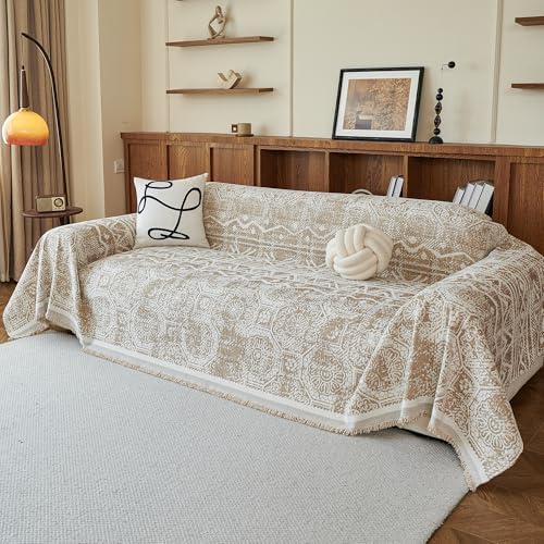 MEETSKY Boho Couch Cover Sofa Slipcover for Sectional Sofa Covers Protector Universal Use Chenille Blend Thick Fabric Washable, Modern Design Sofa Throw Cover for Living Room, 71" x 118", Khaki