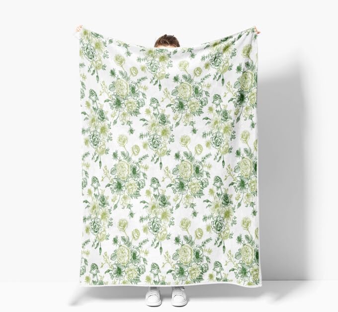 Green Floral Throw Blanket, Botanical Floral Blanket, Soft, Flannel, Warm, Boho Floral Bed Blanket All Season Floral Throw Blanket for Couch Bedroom Living Room 60X80 Inch