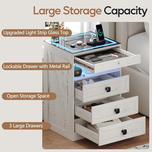 Smart Nightstand with Lockable Gun Drawer,Farmhouse Bedside Table with Charging Station and 3 LED Lights, Modern Night Stand with 3 Drawers,Glass Top End Side Table for Bedroom（White）